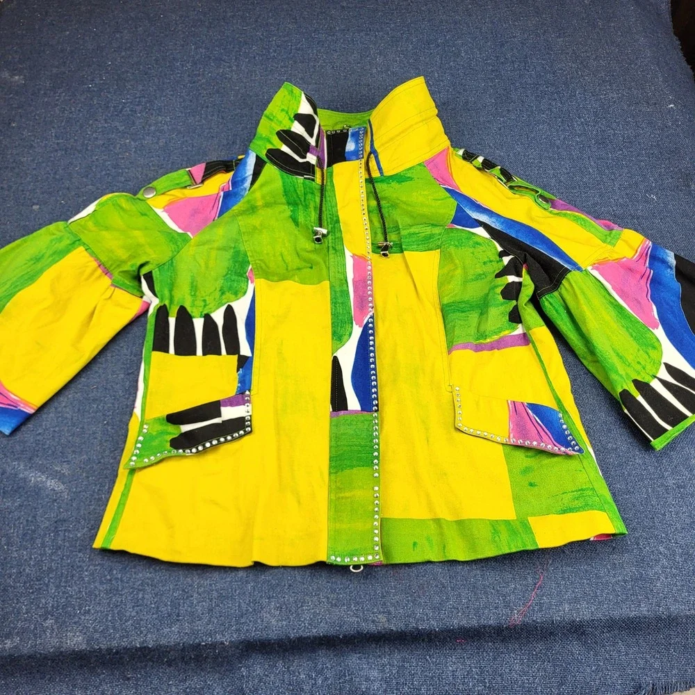 Berek Abstract Art Zip Up Jacket XL Yellow Green Rhinestone Bell Sleeve Cotton